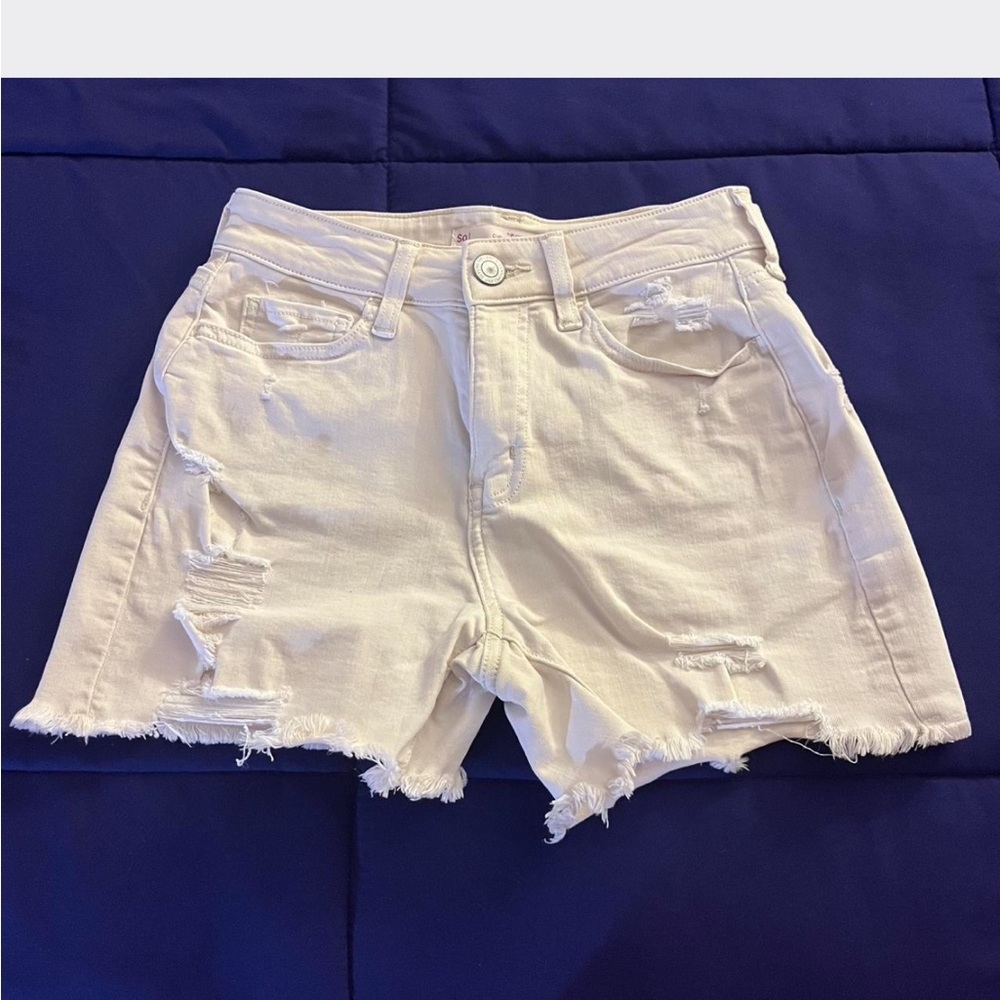SO Women's Cream High Rise Distressed Jean Shorts